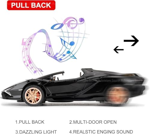 Image of 1:32 Open Lamborghini Sian Sport Diecast Metal Pullback Toy car with 6 Openable Doors & Light, Music Boys Gifts Toys for Kids (1:32 Open Lamborghini - Black)