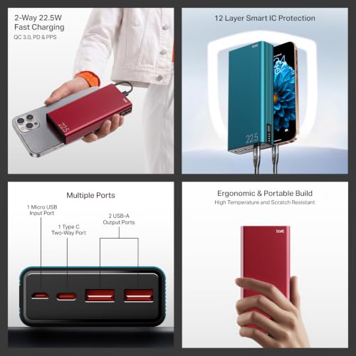 Image of boAt (2026 Launch) Energyshroom PB401 20000 mAh 22.5W Fast Charging Power Bank (4X Output Ports, Supports Android, iPhone, Tablets, Earbuds, etc.), USB Type C (Garnet Red)