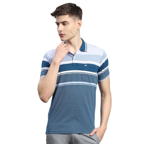 Image of Monte Carlo Mens Striped Cotton Blend Polo Collar Half Sleeve Regular Fit Casual T-Shirt (224064130)
