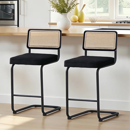 Image of Zesthouse Natural Rattan Bar Stools Set of 2, 26'' Modern Counter Height Stools, Velvet Counter Height Chairs with Solid Wood Back, Mid Century Cantilevered Design Bar Chairs for Kitchen Island, Black
