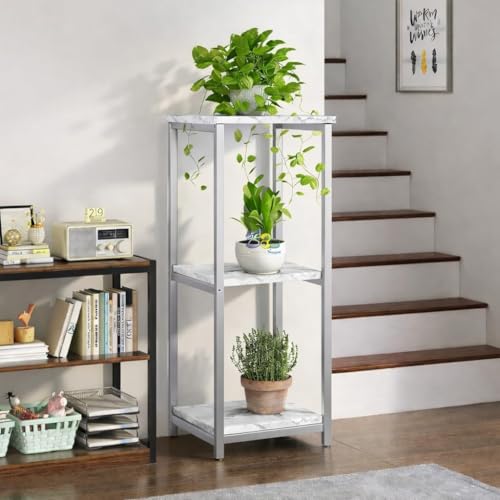 Image of Brown Art Shoppee Plant Stand Indoor Outdoor,Tall Metal Plant Stands, 3 tier Flower Pot Plant Holder, Modern Plant Shelf for Corner Living Room Garden Balcon (Silver & White)