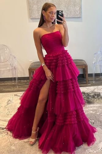 Tiered Tulle Prom Dresses Long Ball Gowns Strapless Formal Dress for Women Evening Party Gowns with Slit2