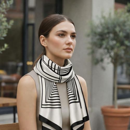 Image of Women's Polyester Striped Scarf - Soft Lightweight Long Stole | Elegant Black and White Striped Print Neck Wrap | Stylish Fashion Scarf for Women Casual Office Wear