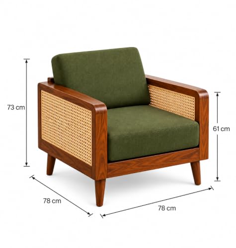 Image of Sainistree Sheesham Wood 3+2 Seater Sofa | Solid Wood Cane & Rattan Sofa for Living Room | Mid-Century Modern Accent Sofa | Green Upholstery, Teak Brown Finish