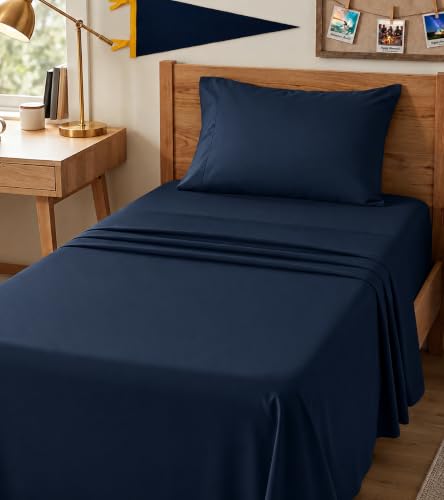 Image of Utopia Bedding Twin XL Sheet Set - Dorm Room Essentials for Students, 3 Piece Soft & Breathable Microfiber College Bedding, 1 Fitted Sheet, 1 Flat Sheet & 1 Pillowcase - Oeko Tex (Navy Blue)