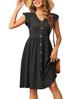 SENBATU Summer Dress Ruffle Sleeve V Neck Casual Dresses for Women Pleated Midi Dress with Pockets Solid Black