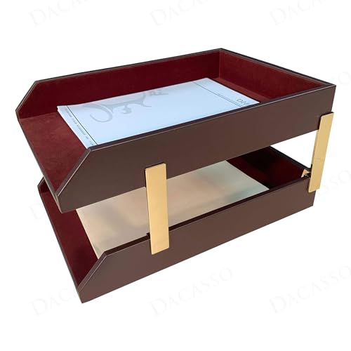 DACASSO Chocolate Brown Leather Front-Load Double Legal Size Letter Tray Set w/Gold Stacking Posts - Luxury Executive Decor and Office Essential - Desk Surface Protector