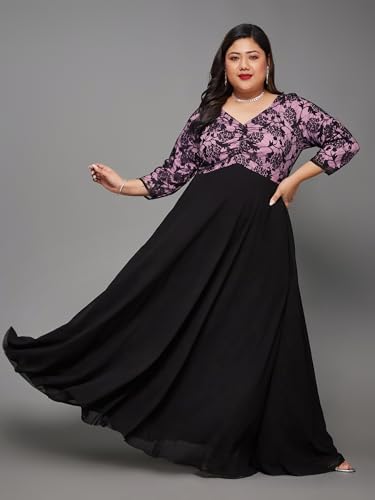 Image of Miss Chase A+ Women's Floral Printed Relaxed Fit V -Neck 3 /4Th Sleeve Georgette Maxi Dress