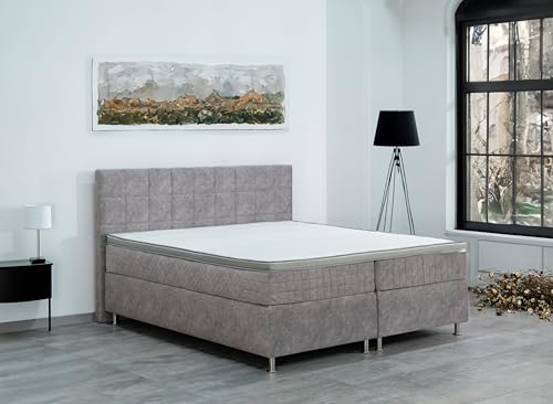 AUKONA Boxspringbett Leopold 200x200, Grau H3, 7 Zonen Taschenfederkern-Matratze, H2 H3 H4, Komfortschaum-Topper, Lieferung und Aufbau kostenlos