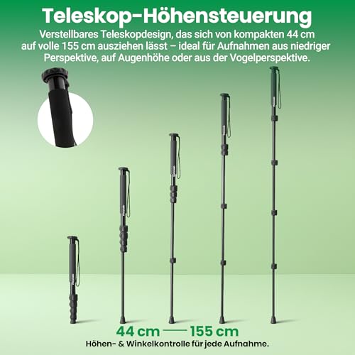 PATONA Premium Teleskop Monopod Stativ | Leichtes Teleskopdesign aus robustem Aluminium | Gezi Mono One Kamera Stativ | Einbeinstativ bis 155 cm | 1/4 & 3/8 Zoll Gewinde | Mit Tragetasche geliefert