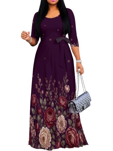 Image of PinkPatty Plus Size Maxi Dress for Women Casual V Neck 3 /4 Sleeve Boho Printed Long Dress with Pockets