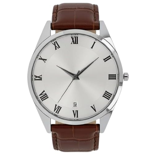 Image of Men's Analog Watch with Brown Leather Strap | Silver Dial | Roman Numerals | Date Display | Formal & Casual Wear