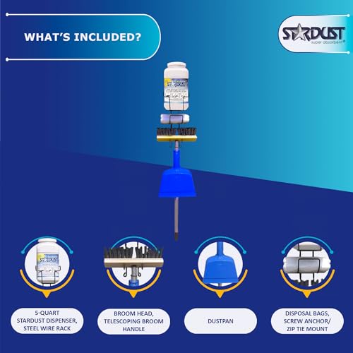 Image of STARDUST Spill Products Spill Clean Up Kit - Wall Mount Spill Kit with 5-Qt Dispenser, Steel Rack, Broom Handle + Head, Dustpan, (10) Disposal Bags, Screw Anchor & Zip Tie Mounts Spill Response Kit