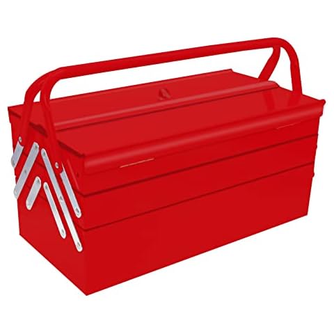 MANUFORE Metal Tool Box 16.5 x 8.5 x 8'' Folding Tool Storage Box, 3 Level and 5-Tray, with A Hole for Locking Red Cover