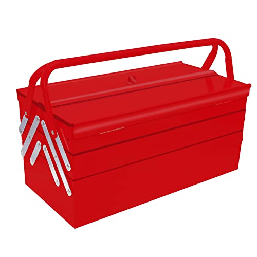 MANUFORE Large Metal Tool Box 16.5 x 8.5 x 8 Folding Tool Storage Box 3 Level and 5-Tray with A Hole for Locking Red
