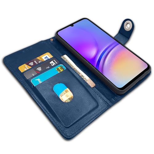 Image of Pikkme Flip Cover Leather Finish | Inside TPU with Card Pockets | Wallet Stand and Shock Proof | Complete Protection Button Flip Case for Samsung Galaxy A05 / M05 / F05 (Blue)