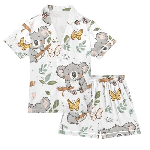 ALAZA Koala Butterfly Leaf Butterfly Pajamas Satin Pajama Set Short Sleeve Button Down Sleepwear