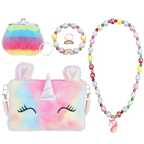 ELICNA 5 peças mala menina, conjuntos de jóias mala para crianças com conjunto de jóias mala menina 3 4 5 6 7 8 9 10 11 12 anos presente menina 4-12 anos com carteira de pelúcia colar pulseira anéis