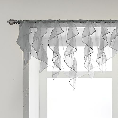 PearAge Ruffled Voile Semi Sheer Curtain Valance, Kitchen Living Room Shabby Chic Ruffle Valance Curtains, Girls Daughters Bedroom Cascade Window Valance 52x26 Inches (Grey-Triangle)