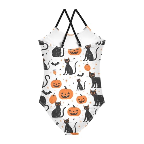 ALAZA Cat Star Pumpkin Halloween Girls One Piece Swimsuit Swimwear Beach Sport Bathing Suit2