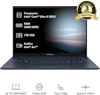 ASUS Zenbook 14 UX3405CA, Notebook con Monitor da 14" OLED, 120Hz,Intel® Core™ Ultra 9 Processor 285H,RAM 32GB, 1TB SSD, WIN11 Home, Blu