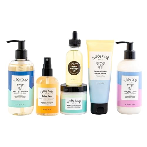 TUBBY TODD Baby Arrival Bath & Skincare Set - The Newborn Gift Set - Baby Shampoo & Body Wash, Lotion 8oz, All Over Ointment, Diaper Paste 4oz, Baby Massage Oil 2oz, Baby Deo 4.2oz - Lavender Rosemary