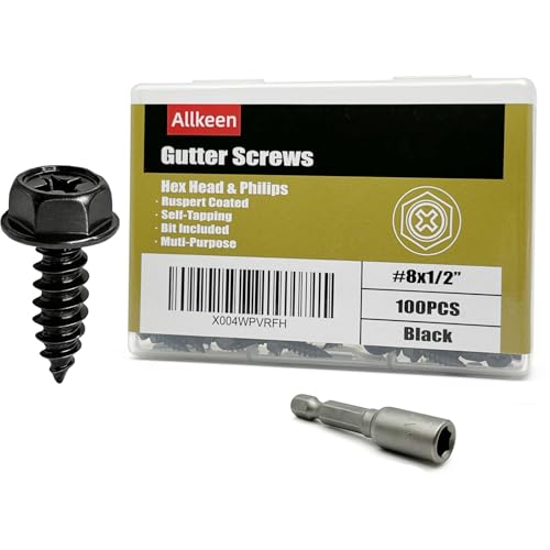 Allkeen #8 x 1/2 Gutter Screws Hex Head Self-Tapping Screws Black Ruspert Finish 100 Pieces 1/4 Magnetic Driver Included