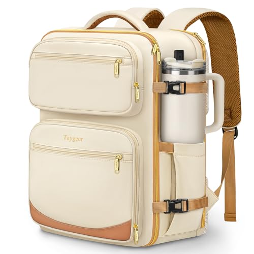Taygeer Spirit Airlines Personal Item Bag 18x14x8, Underseat Personal Item Backpack with Makeup Compartment & Water Bottle Pocket, 18x14x8 Inches Carry on Backpack for Women Fit Spirit Frontier,Beige