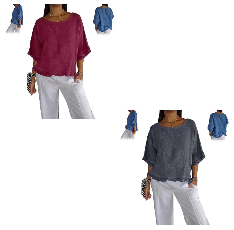 2PCS Round Neck Ruffled Hem Mid-Sleeve Cotton and Linen Top, Casual Short Sleeve Blouses Linen Tops for Women (S,07)