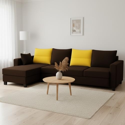 Image of CASASTYLE Texon 5 Seater Fabric LHS L Shape Sofa Set (Yellow-Dark Brown) Velvet Finish | Comfortable Sectional Sofa Set