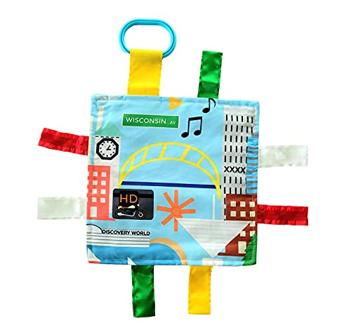 Image of Baby Jack & Co 8x8” Learning Lovey Milwaukee Wisconsin Tag Toys for Babies - Baby Crinkle Toys - Soft & Safe - Learn USA Cities and Shapes - Ideal Baby Toy & Gift BPA Free w/Stroller Clip