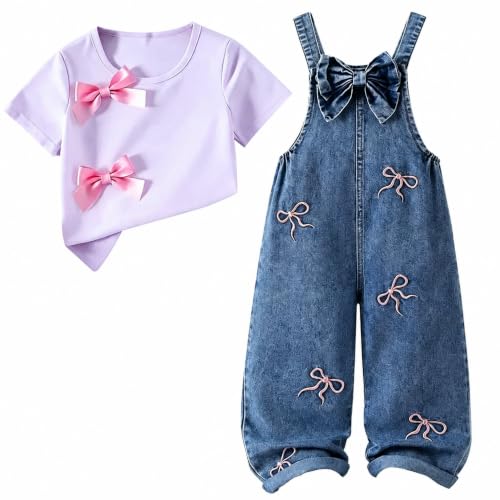 Axumity - Axumity Girls 2 Piece Outfit Set – Short Sleeve Top with Butterfly Bow & Denim Overalls, Wide Leg Printed Suspender Pants, Adjustable Straps, Cute Casual Outfits for Girls 7-8 Years (15% Off Amazon Deal)