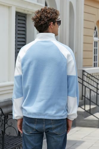 ZAFUL Men's Polar Fleece Sweatshirt NEW YORK Embroidered Quarter Zip Kangaroo Pocket Colorblock Stand Collar Pullover (0-Sky Blue, M)4