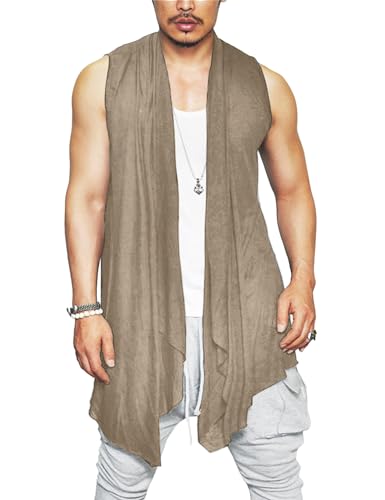 Coofandy Men'S Sleeveless Shawl Cardigan Lightweight Summer Open Front Vest Long Length Drape Cape Khaki cover