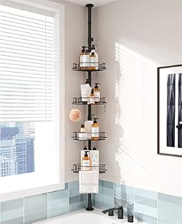 EZFurni Shower Caddy Corner, 4 Layer Shower Organizer, Rustproof Stainless Shower Shelves, Drill Free Shower Rack, Large Shower Storage and Shower Caddy Tension Pole,56-114 Inch, Black