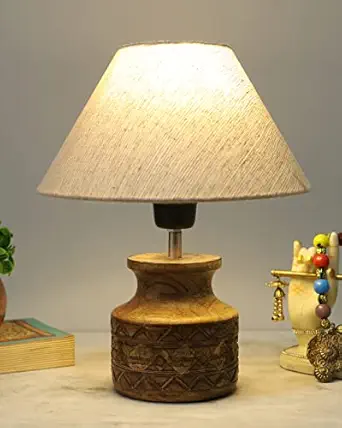 Homesake Wood Table Lamp, Modern Base Fabric Lampshade for Home Office Cafe Restaurant, Carved Pot, (Jute)