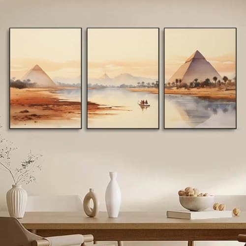Toile Égypte Antique aquarelle de qualité supérieure | Triptyque mural encadré 20x30cm