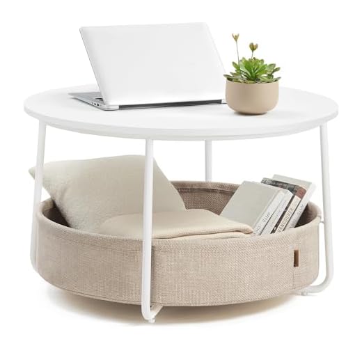 VASAGLE LILEA Collection - Coffee Table with Storage, Round Center Table for Living Room with Fabric Basket, Modern Style, Metal Frame, Matte White and Camel Brown ULCT244W10