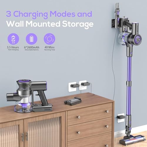 Image of Cordless Vacuum Cleaner, 6 in 1 Lightweight Stick Vacuum with Rechargeable Battery, Handheld Conversion, LED Headlights & 180 Swivel Brush, for Hardwood Floor Carpet Pet Hair Stairs Car(G-Purple)