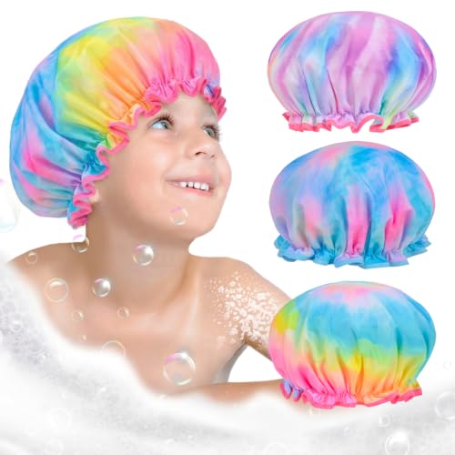 Olypegic Kids Shower Cap, 3 Pcs Girls Shower Cap for Kids Reusable Waterproof Adjustable Large Hair Cap Unicorn Tie Dye Cute Hair Cover Hat