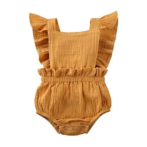 WangsCanis Newborn Baby Girls Sleeveless Romper Summer Ruffle Bodysuit Cotton and Linen Infant Toddler Jumpsuit Solid Color Infant Girls One Piece 0-24 Months (Yellow, 6-12 Months) Cover