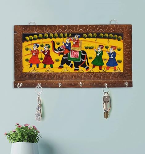 Image of CraftVatika Wooden Key Holder with 6 Hook, Handmade Rajasthani Art Work Wooden Key Holder Wall Mounted Hanging, Rajasthani Wooden Home Keychain Holder Stand for Wall, Home Decor Stylish