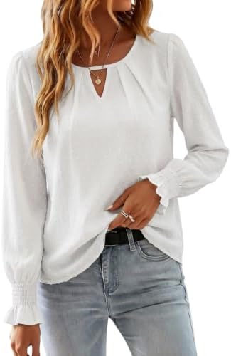 Chicrise Langarmshirt Damen Elegant Keyhole Rundhals Bluse Smokärmel Basic | Oberteile,Leichte,Business,Plissee,V-Ausschnitt,Musselin,Chiffon,Langarm,Herbst,Frühling,Casual,Lockere