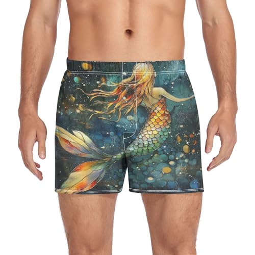 Fantasy Mermaid Teal Men's Cotton Boxer Shorts Pajama Bottoms Sleep Shorts Underwear with Button Fly