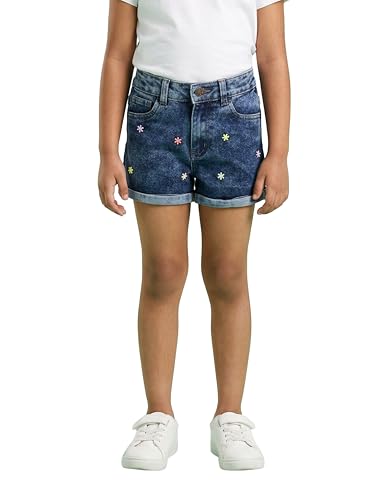 Image of KiddoPanti Girls Tight Length Rollup Denim Shorts with Lavender and Pink 3D Crochet Flowers