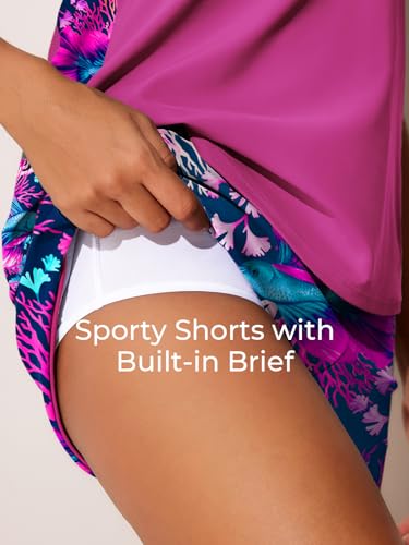 Image of Summer Mae Blouson Tankini Swimsuits for Women 2026 Tummy Control Two Piece Bathing Suits with Sporty Pockets Swim Shorts