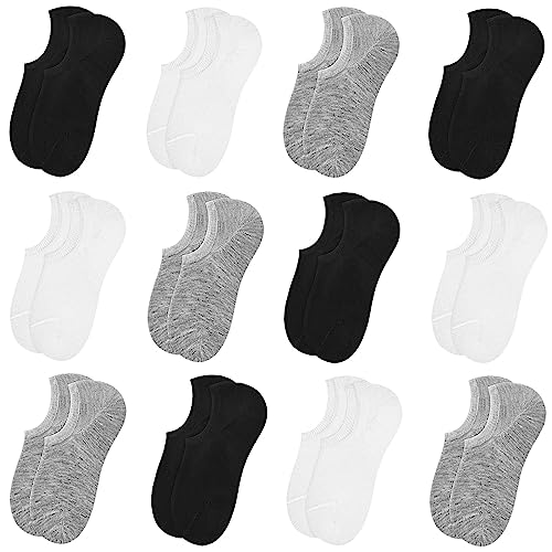 Image of GRPSKCOS No Show Socks Men- 12 Pairs Invisible Low Cut Ankle Cotton Casual Trainer Socks with Non Slip Grip(01 Black+white+grey- 12 Pairs,7.5-10)