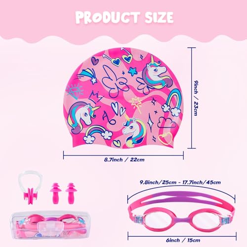 Image of Girls Unicorn Swim Cap and Goggles Set Waterproof Bathing Pool Swimming Caps Comfortable Kids Mermaid Unicorn Swimming Hats for Long and Short Hair (Unicorn Set)