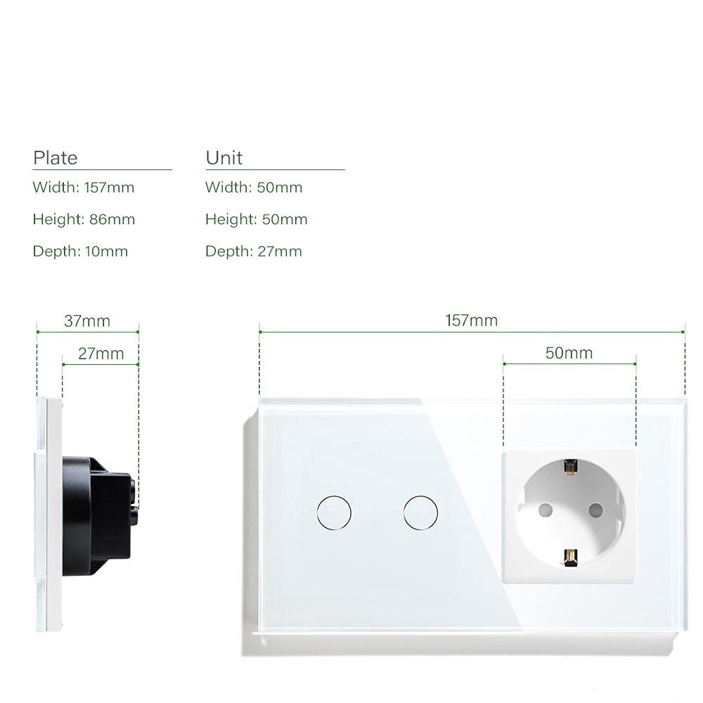 Interrupteur Tactile, Interrupteur Mural Tactile Touch Dimmer Switch 2 Gang avec prise murale standard Socket Socket 3 couleurs Panneau en verre 157mm Touch Dimmer(White)