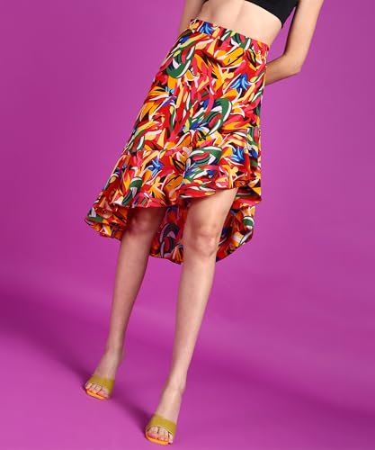 Image of POPWINGS Casual Floral Printed Asymmetric Flare Skirt for Women || Stylish Knee-Length Flare Women Skirt Trendy Western Regular Wear Knee-Length Women Skirt